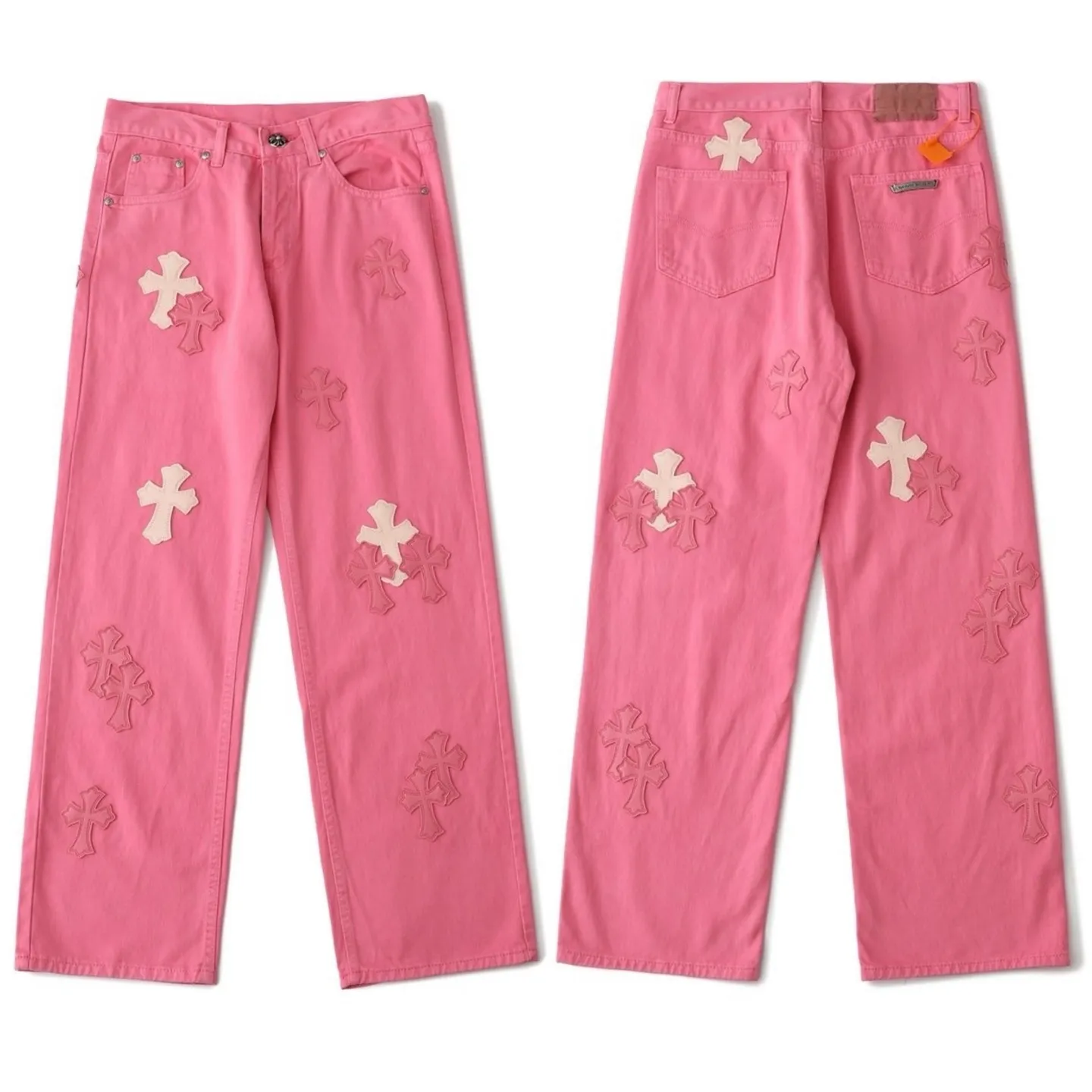 P270 💰 (Top version) CHROME HEARTS 25ss dopamine light pink cross leather washed jeans - Full of exploring the ultimate in fashion, Chrome Hearts' new Chrome Hearts pants not only present a unique style, the fresh ice blue looks particularly youthful and energetic. The mid-high waist design is paired with a lazy and casual style, which not only shows long legs but also maintains a casual feel. It is a must-have fashion choice for trendy men and trendy women. Color: Dopamine powder Size: 28-30-32-34 (corresponds to S-M-L-XL)